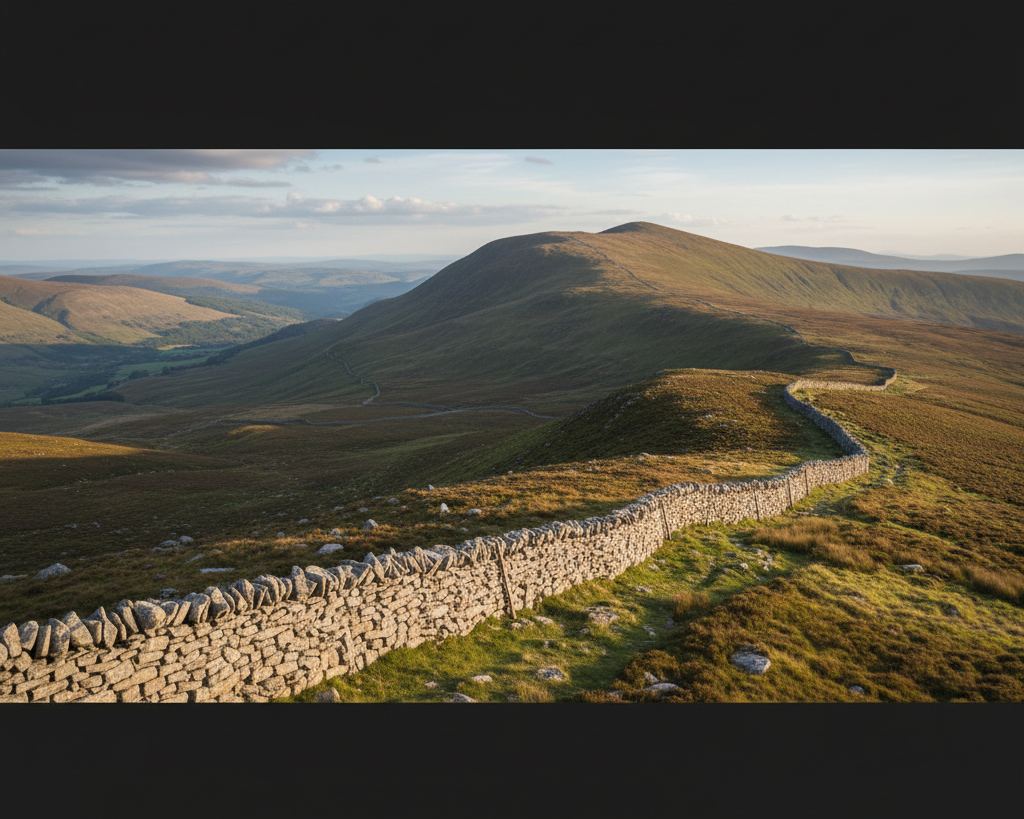 A long dry stone wall crossing upland and going over the shoulder of a hill