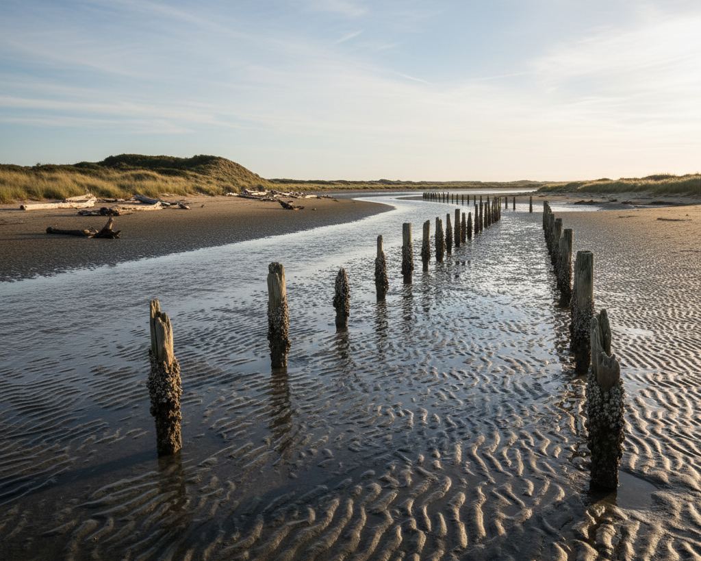 A tidal inlet with the water plainly out and mooring posts standing in wet sand