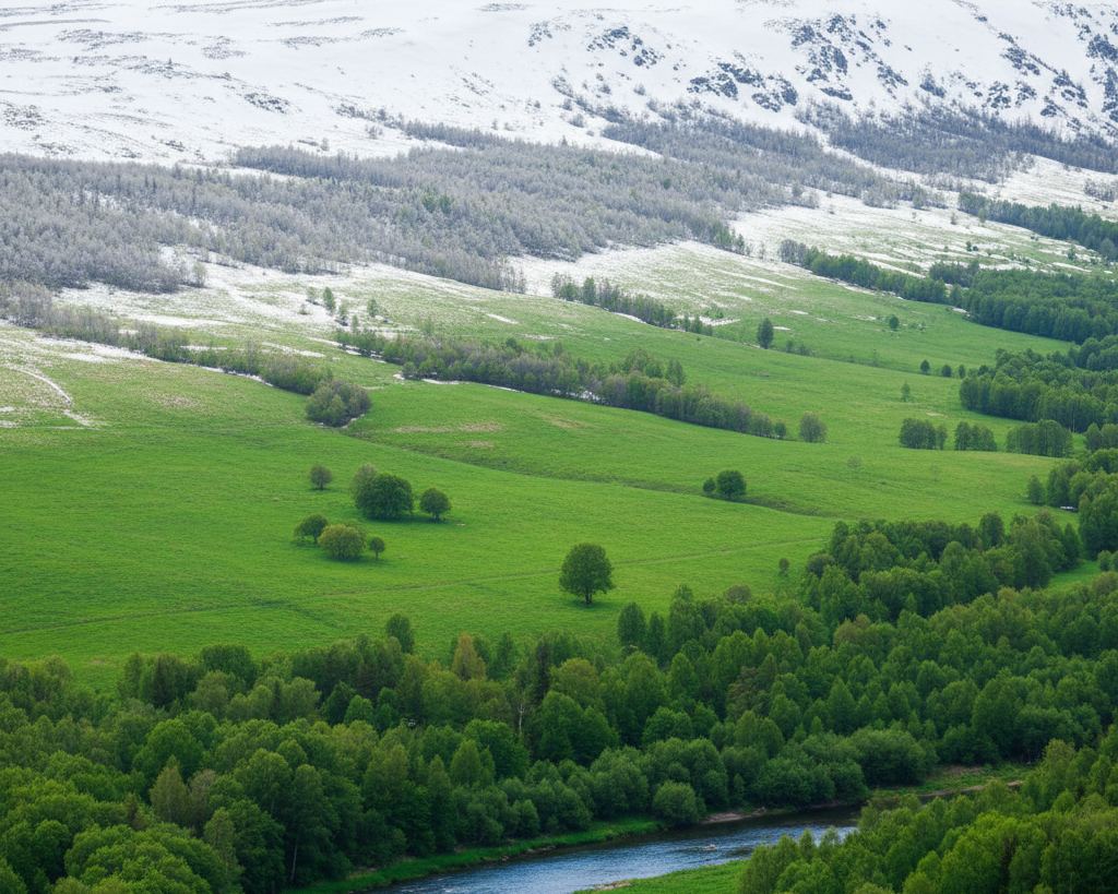 A long hillside in which several distinct bands of season are visible at once