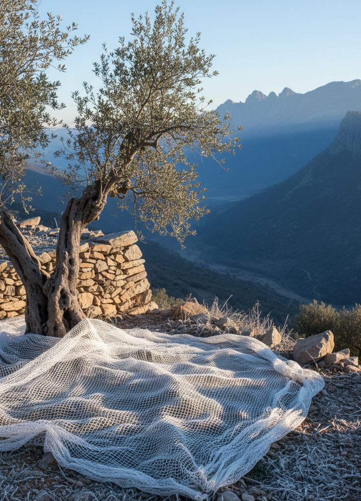 Frost on ground netting beneath a gnarled olive tree on a stone terrace