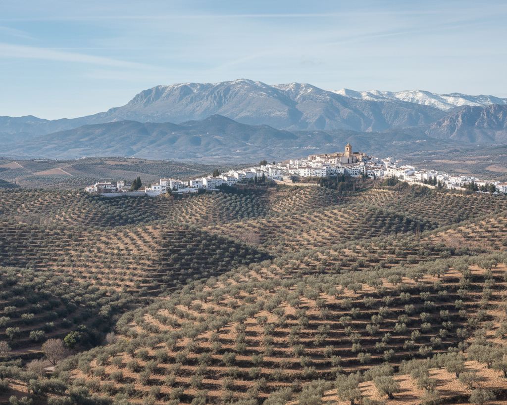 Endless olive terraces on rolling Andalusian hills in winter, a white village on a ridge, sierra behind