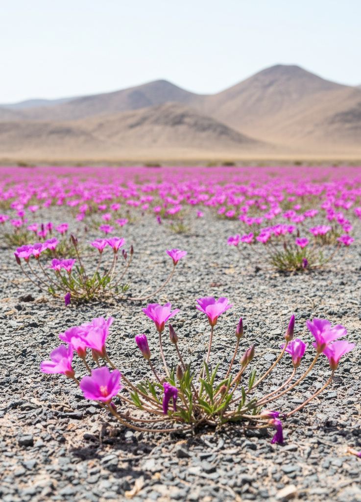 Magenta desert flowers open on grey gravel with bare brown hills behind