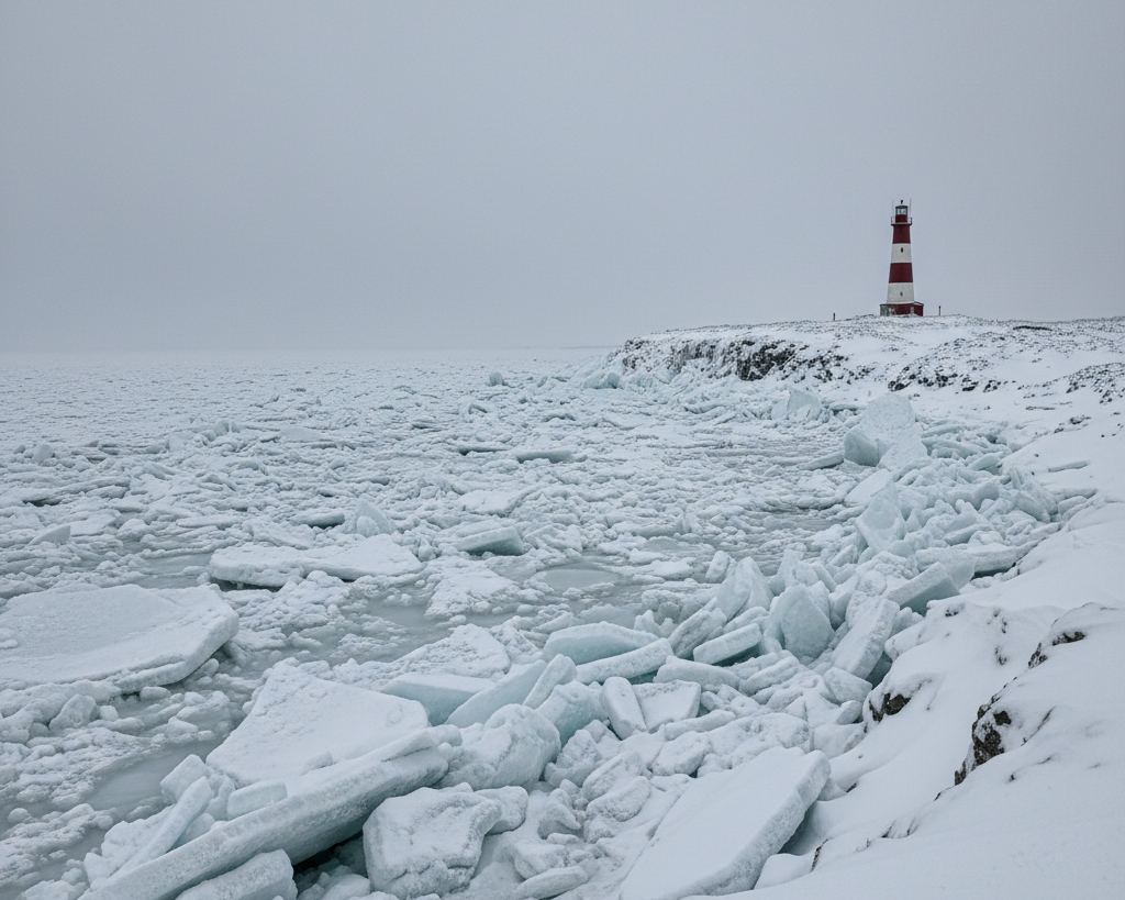 A frozen sea filled with broken floes pressed against a snowy coast, a lighthouse on the point