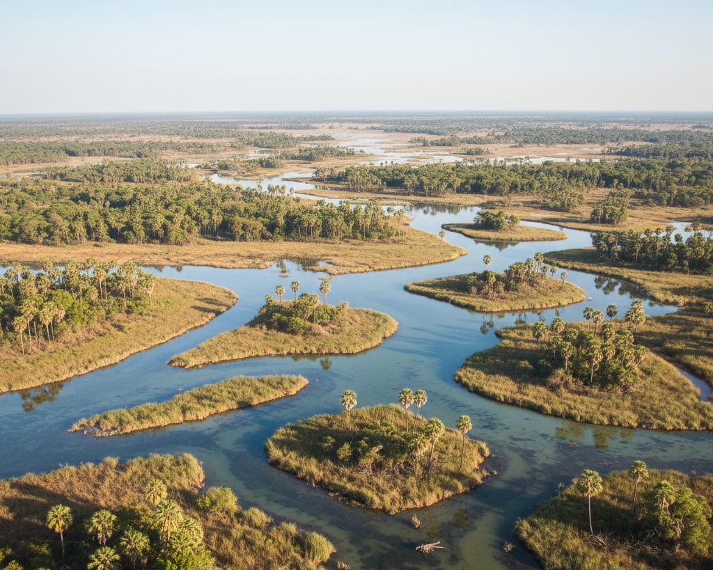 A flooded delta from low altitude, channels of clear water threading islands of palm and reed