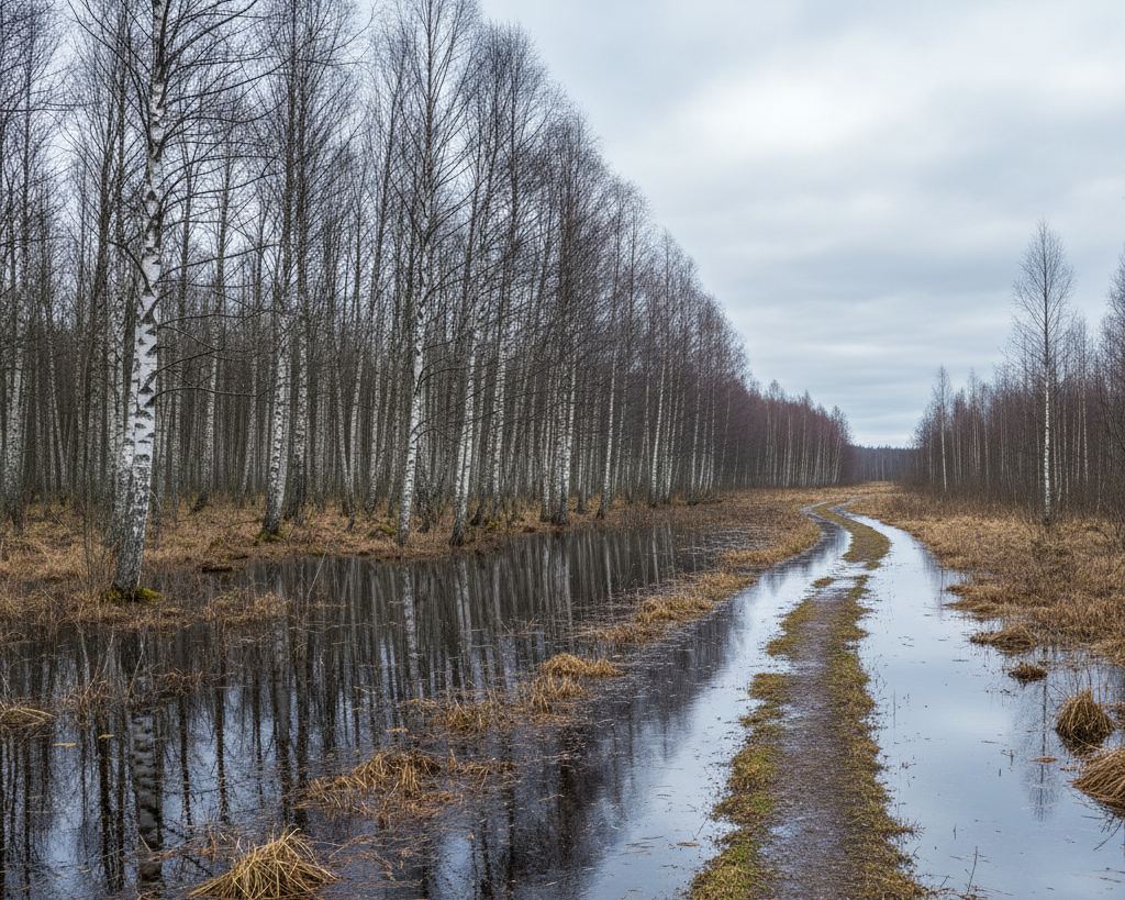 A flooded Estonian forest, water standing among bare birch trunks and covering a track, grey spring light