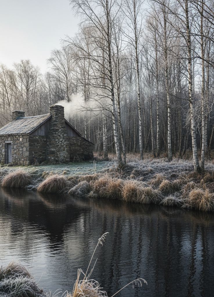 Small stone and timber hut with chimney among bare birches beside a winter river