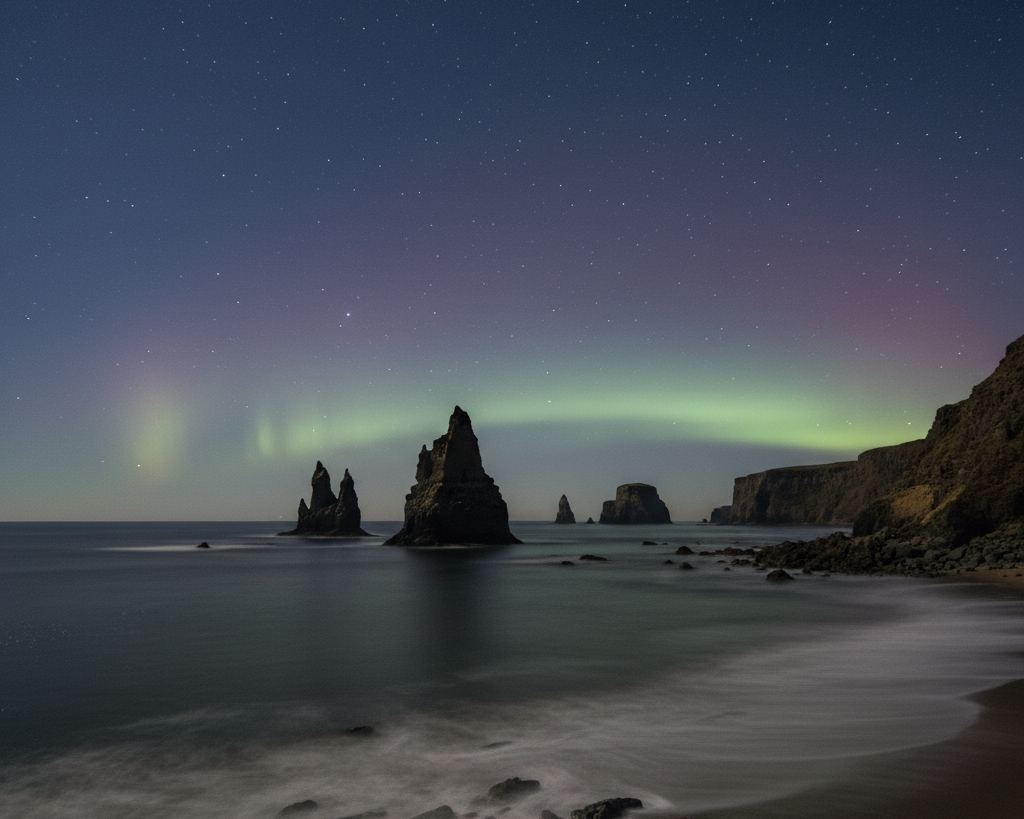 A dark southern coastline under a clear night sky with faint green and red light low on the horizon